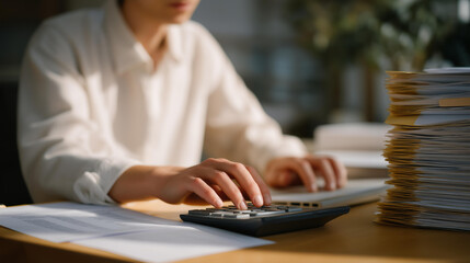 An office worker verifying invoice details on a spreadsheet, cross-checking numbers with receipts stacked beside the keyboard — routine accounting verification and administrative workflow.