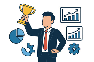 Successful businessman holding golden trophy surrounded by financial growth charts and data symbols