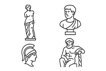 Fototapeta premium Ancient Greek and Roman sculptures set featuring Venus, busts, and mythological figures