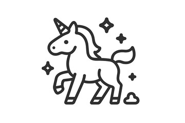 Cute mythical unicorn standing proudly with sparkling stars in simple black outline