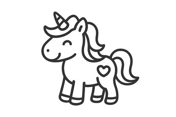 Adorable smiling baby unicorn character standing with a heart symbol on its flank