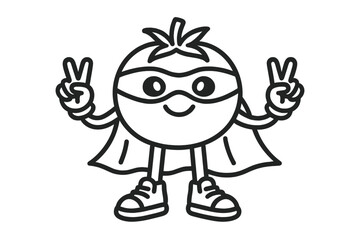 Adorable tomato mascot wearing a mask and cape making a double peace gesture