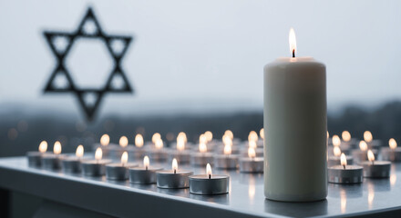 White candles arranged in menorah with Star of David background  