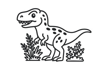 Cute cartoon dinosaur standing in prehistoric jungle plants, black and white outline style