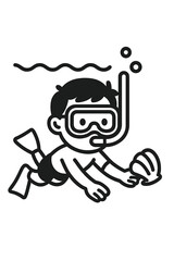 Cute cartoon boy snorkeling underwater wearing mask and fins holding a seashell