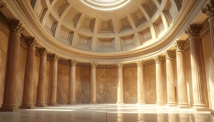 Obraz premium Interior of a grand dome with columns, marble walls, and central skylight, bathed in warm, soft light