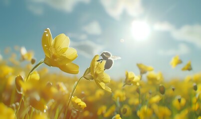 Bright yellow wildflowers blooming in sunny meadow with blue sky and clouds. Natural spring landscape with golden buttercups in field for nature backgrounds.