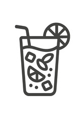 Refreshing summer beverage in a tall glass with ice cubes, citrus slice, and drinking straw