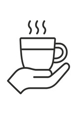 Hand holding a steaming cup of hot beverage in minimalist outline style