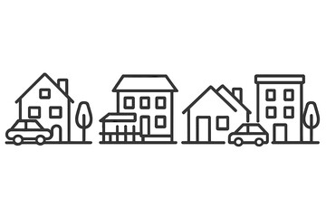 Minimalist black and white outline of suburban street with homes and vehicles © icon_art