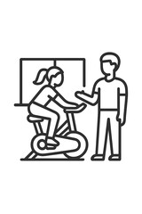 Fitness coach guiding a female athlete during a cardio workout session on a spinning bike indoors