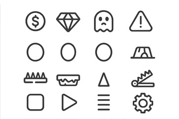 Minimalist outline icons set with currency, diamond, ghost, warning, and game symbols