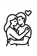 Loving couple embracing tightly with a heart symbol in minimalist black and white style