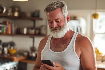 Mature man with white beard and tank top checking smartphone in cozy kitchen setting with warm morning light.