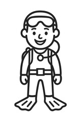 Happy scuba diver wearing full gear including mask, fins, and oxygen tank