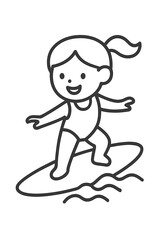 Cheerful cartoon girl riding a surfboard on ocean waves during summer holiday