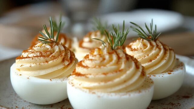 Creamy Deviled Eggs with Garnish on Rustic Plate