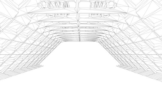 A brutalist building interior wireframe drawing with a triangular roof, part of a printable architecture coloring page.
