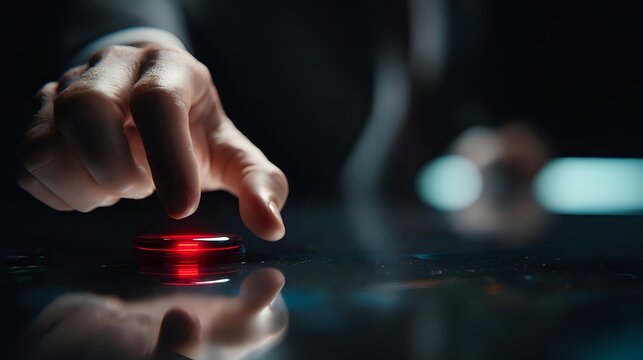 Hand pressing glowing red emergency button on dark control panel. Urgent action, crisis management, alarm activation concept for business and technology applications.