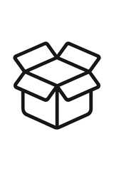 Minimalist outline of an open cardboard box used for shipping and delivery