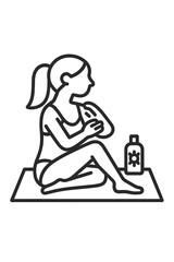 Young woman applying protective sunscreen lotion to her arm while sitting and sunbathing