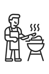 Man wearing an apron cooking food on a barbecue grill with smoke rising