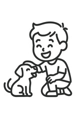 Happy young child kneeling down and gently petting a small smiling puppy dog