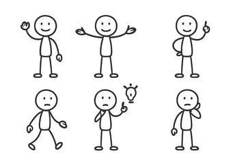 Simple stick figures set illustrating various emotions, actions, ideas, and greeting gestures