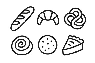 Minimalist outline symbols of bakery products: bread, croissant, pretzel, and pie slice
