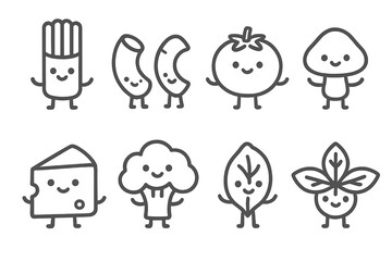 Adorable line art characters representing various food ingredients with smiling faces and tiny legs