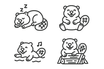 Adorable beaver animals engaged in various activities: sleeping, swimming, and building a dam