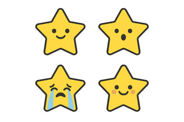 Collection of four cute yellow star characters expressing various emotions and moods on a white background
