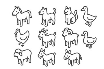 Set of simple outline icons featuring domestic and farm animals like horse, goat, sheep, and chicken