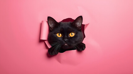 Funny black cat looks through ripped hole in pink paper backgroud. Peekaboo. Naughty pets and mischievous domestic animals. Copy space. Yellow eyes.