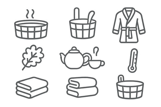 Collection of outline icons representing sauna, steam bath, spa, and wellness accessories