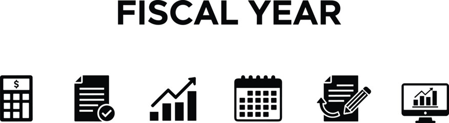 Fiscal Year Icon Set Featuring Finance, Budgeting, Approval, Calendar, Growth, and Reporting Symbols for Business and UI Design