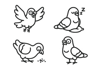 Fototapeta premium Funny cartoon pigeons performing various actions flying sleeping eating and standing