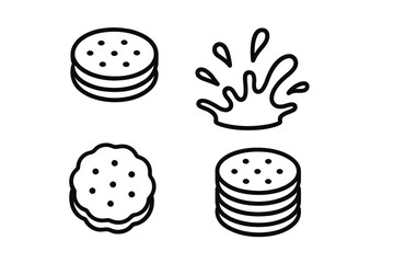 Simple line icons featuring crackers, biscuits, and a dynamic liquid splash element