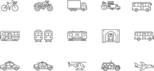 Line Style Transportation Icons Featuring Air, Land, and Sea Vehicles for Travel, Delivery, Mobility, and Urban Infrastructure Projects © Mst