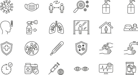 Line Style Health and Safety Icons for COVID-19 Prevention, Hygiene, Medical Care, Quarantine, Social Distancing, and Public Awareness Campaigns