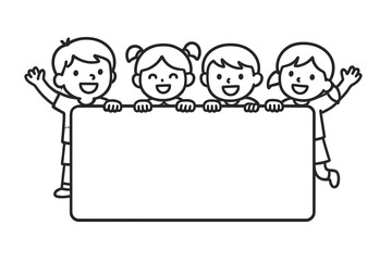 Smiling children holding a large blank banner sign for custom text or message