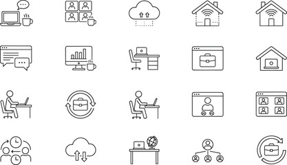 Remote Work and Cloud Computing Line Icons for Digital Collaboration, Home Office Setup, Online Meetings, Workflow, and Virtual Communication Tools