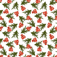 Christmas holiday pattern with green firs and red gift bags, festive new year background.