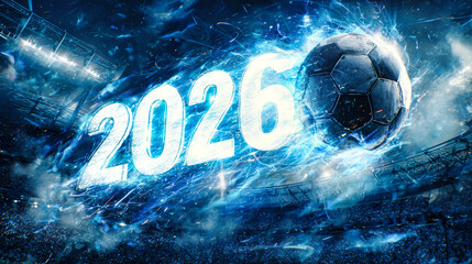 Fototapeta premium A 3D soccer ball flies through a stadium with neon sparks. The numbers 2026 glow bright. This scene captures the energy of a New Year's Eve celebration