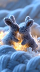 Fototapeta premium Cozy knitted rabbit slippers with warm glowing lights in snowy winter setting creating magical holiday atmosphere for seasonal comfort and relaxation concepts.