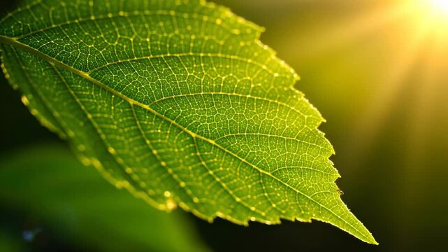 Close-up of vibrant green leaf backlit by golden sunrays in nature