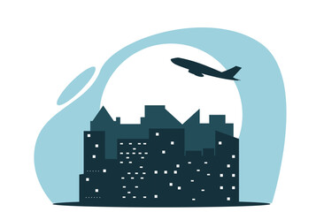 Silhouette of a Night City with Plane Taking Off. Modern industrial life infrastructure and transportation means vector art