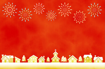 冬の街並みと花火のクリスマス背景イラスト