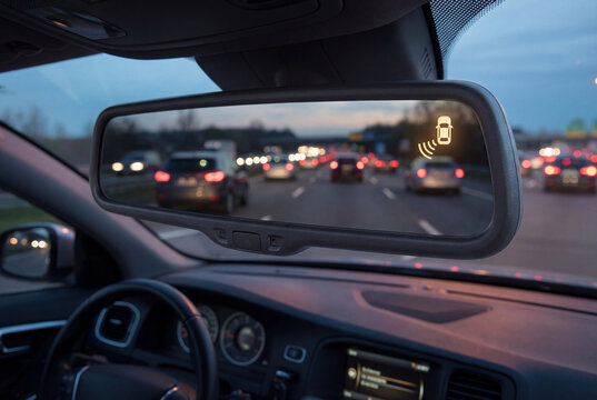 Rear view mirror reflecting highway traffic with illuminated blind spot warning sensor icon inside modern vehicle interior during evening commute