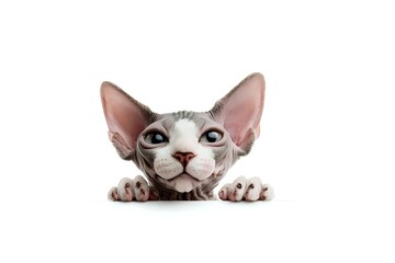 Adorable hairless sphynx kitten with large ears and blue eyes peeking over edge on white background isolated for pet care and veterinary designs.